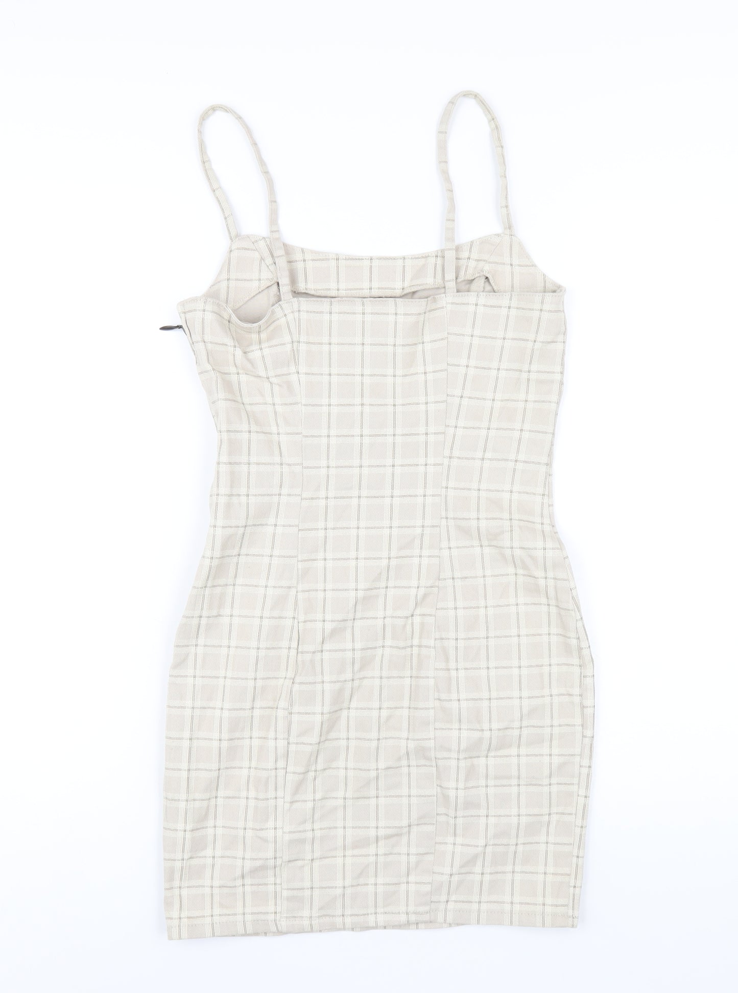 H&M Womens Beige Plaid Cotton Bodycon Size 8 Square Neck Zip
