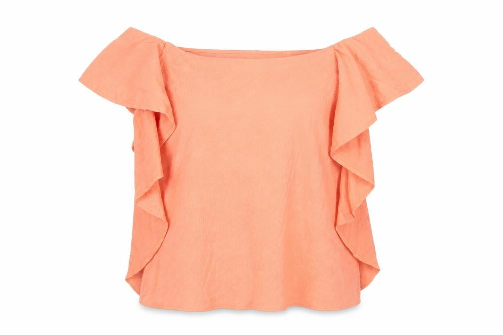 Front view of Marks & Spencer women’s orange polyester basic t-shirt, size UK 10, off the shoulder