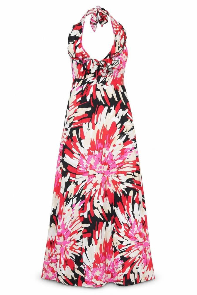 Front view of Julien Macdonald women’s multicoloured geometric polyester maxi, size UK 8, halter pullover