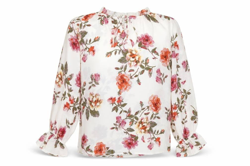 Front view of Violet & Claire women’s ivory floral polyester basic blouse, size S, round neck