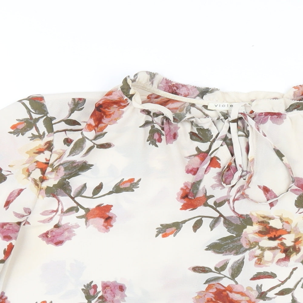 Violet & Claire Womens Ivory Floral Polyester Basic Blouse Size S Round Neck