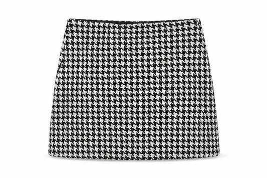 Front view of Mango women’s black geometric cotton a-line skirt, size S