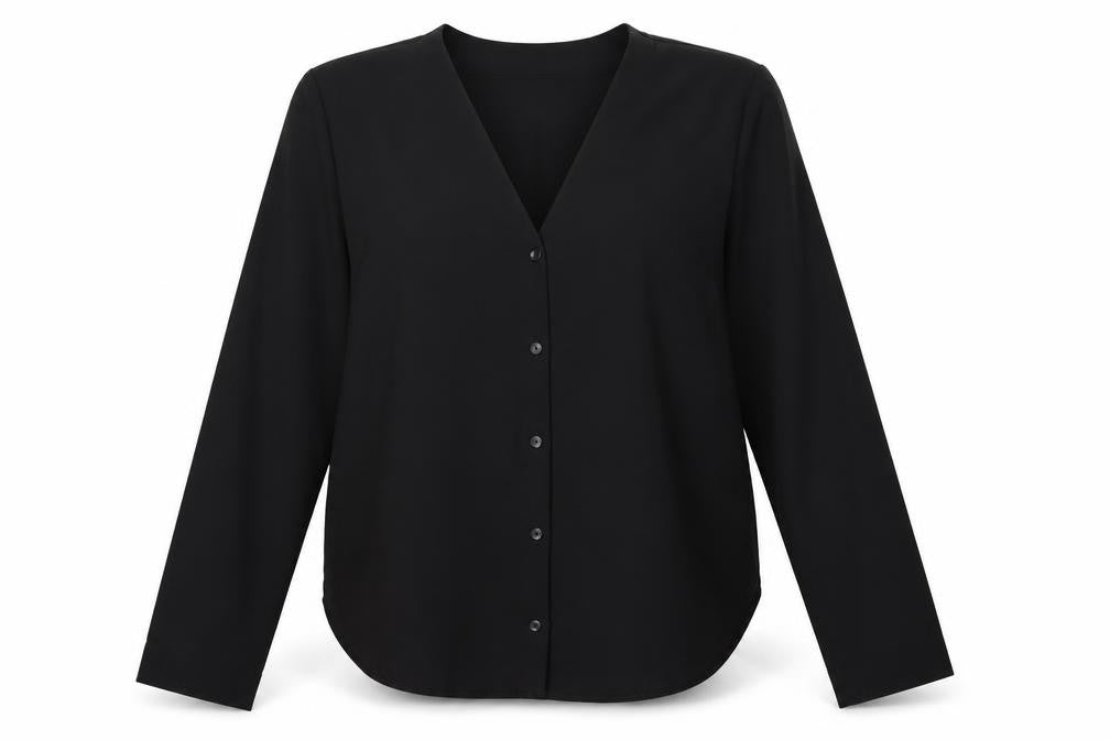 Front view of ASOS women’s black polyester basic button-up, size UK 14, v-neck