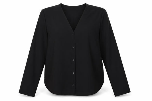 Front view of ASOS women’s black polyester basic button-up, size UK 14, v-neck
