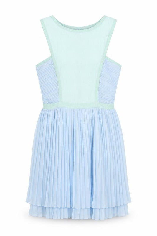 Front view of Missguided women’s blue polyester a-line, size UK 8, round neck zip