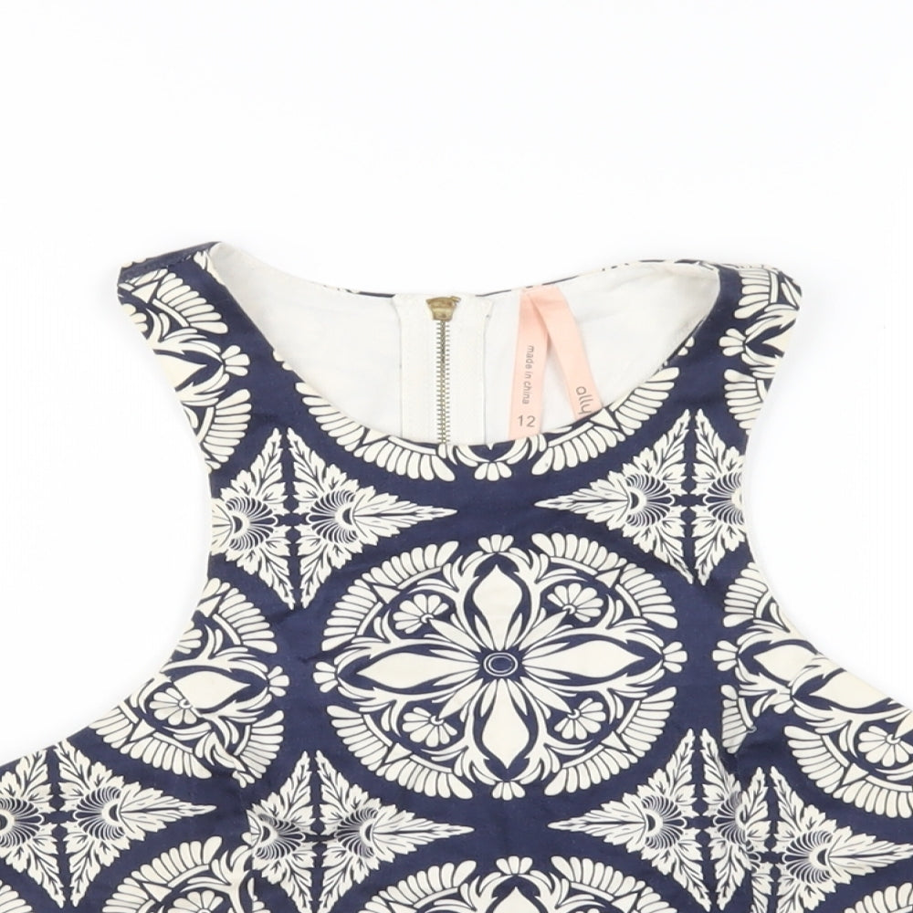Ally Womens Blue Geometric Cotton Basic Tank Size 12 Round Neck