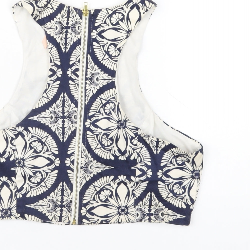 Ally Womens Blue Geometric Cotton Basic Tank Size 12 Round Neck