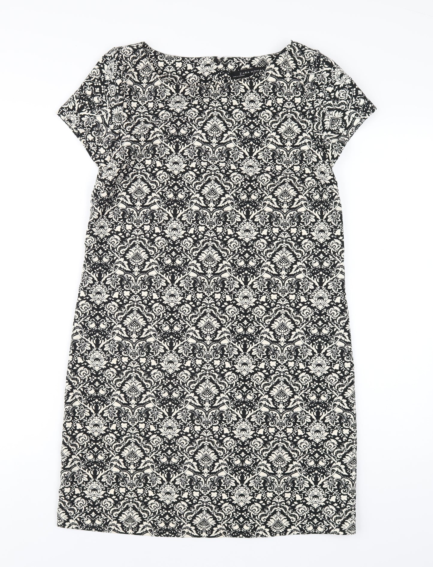 Zara Womens Black Geometric Polyester A-Line Size XS Round Neck Button