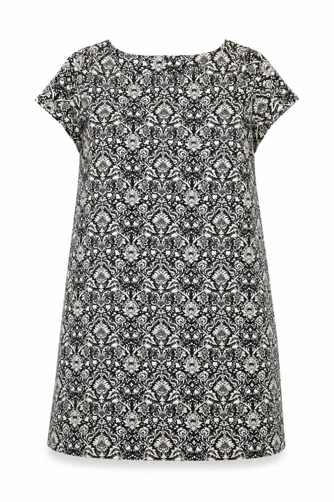 Front view of Zara women’s black geometric polyester a-line, size XS, round neck button