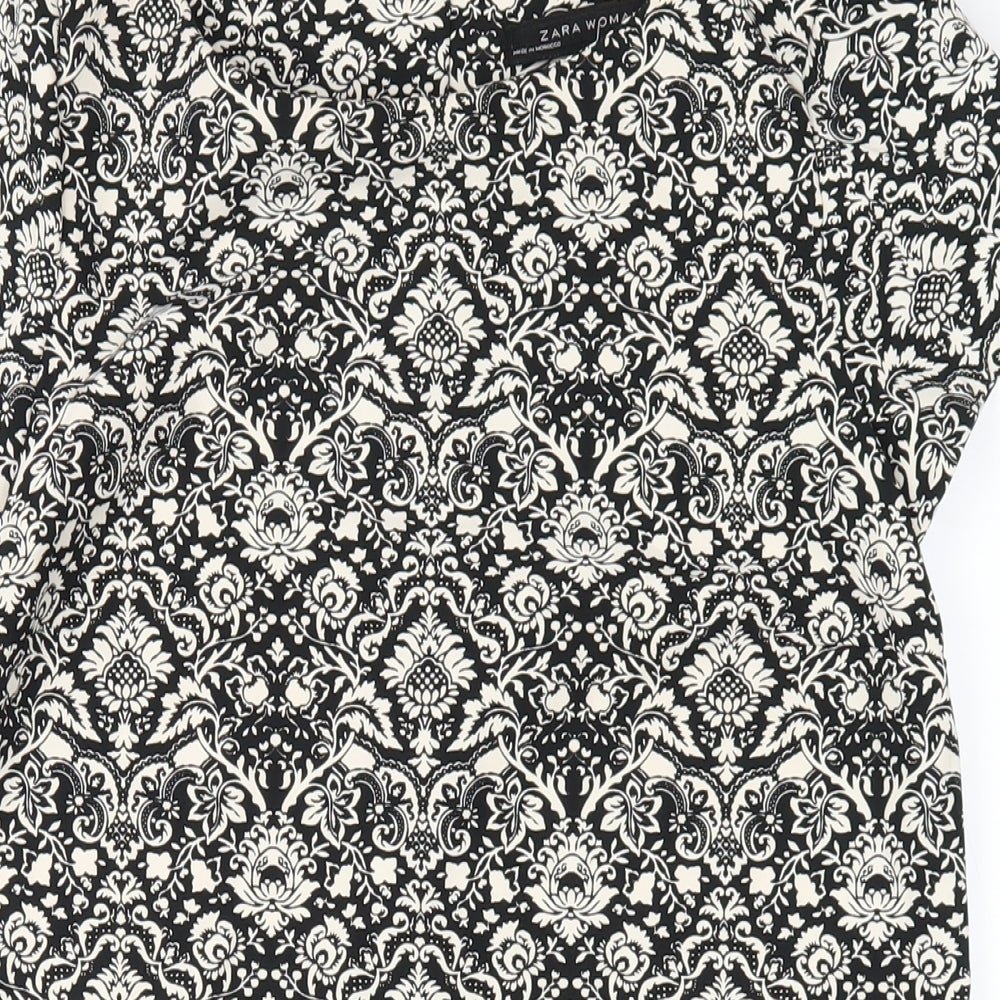 Zara Womens Black Geometric Polyester A-Line Size XS Round Neck Button