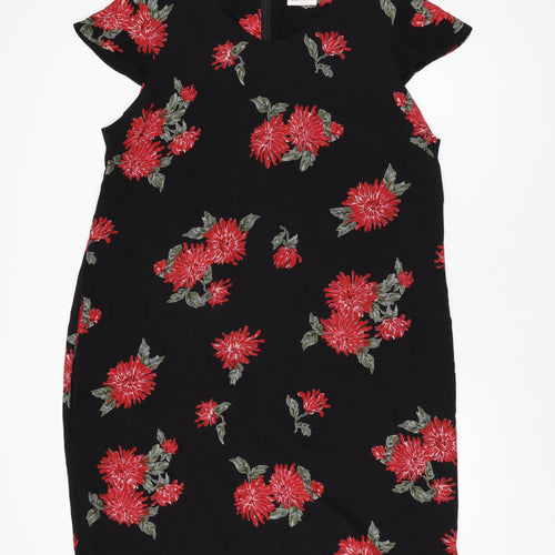 Bonmarché Womens Black Floral Viscose Shift Size 22 Round Neck Zip