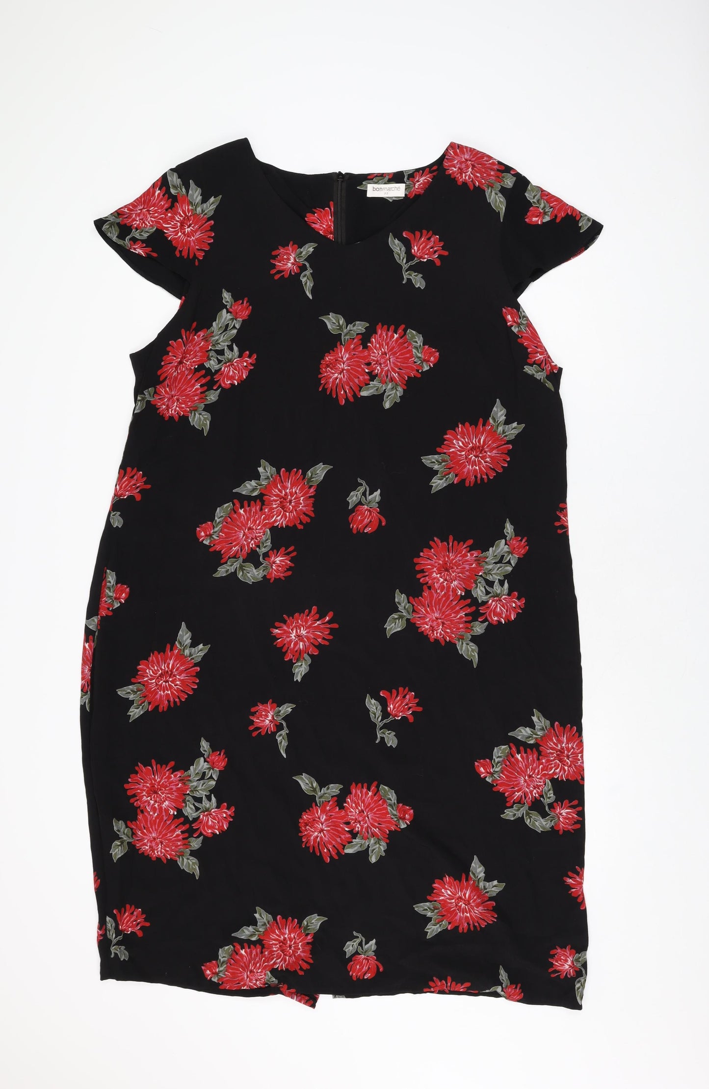 Bonmarché Womens Black Floral Viscose Shift Size 22 Round Neck Zip