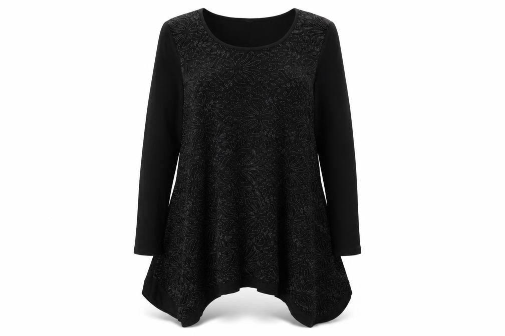 Front view of Stella women’s black floral polyester basic t-shirt, size UK 12, round neck