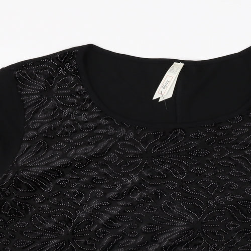 Stella Womens Black Floral Polyester Basic T-Shirt Size 12 Round Neck