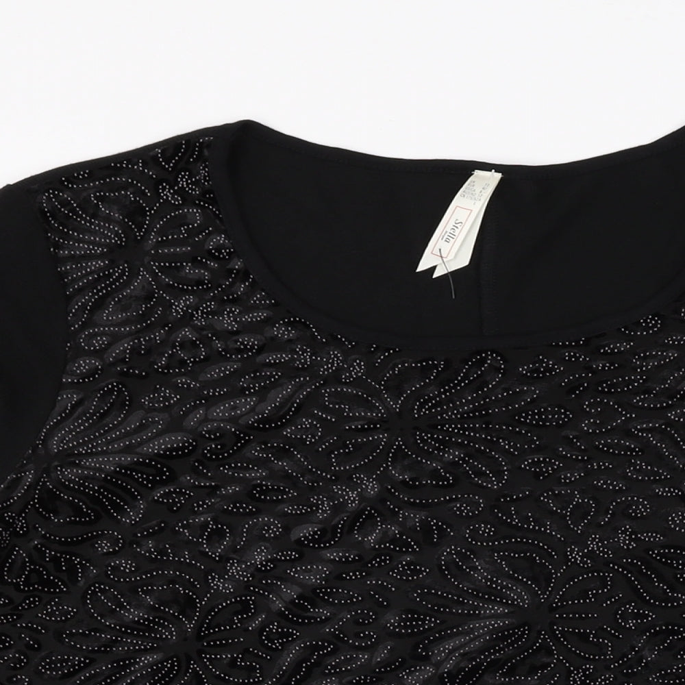 Stella Womens Black Floral Polyester Basic T-Shirt Size 12 Round Neck