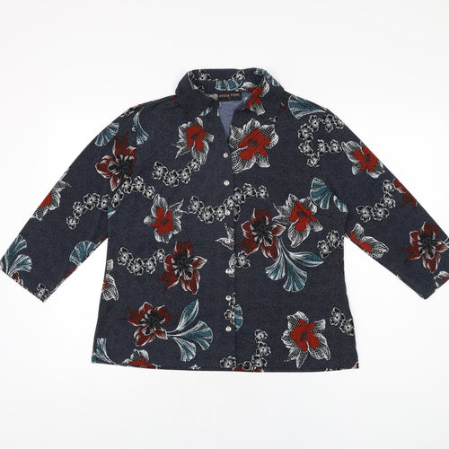 Anna Rose Womens Blue Floral Polyester Basic Button-Up Size L Collared