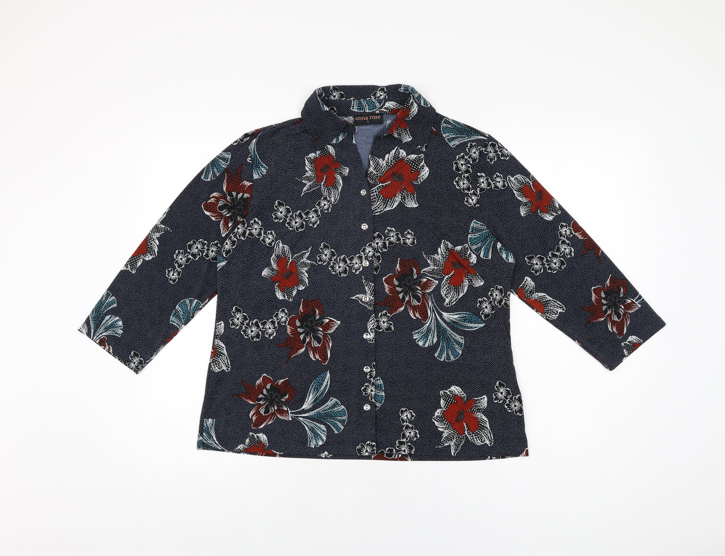 Anna Rose Womens Blue Floral Polyester Basic Button-Up Size L Collared