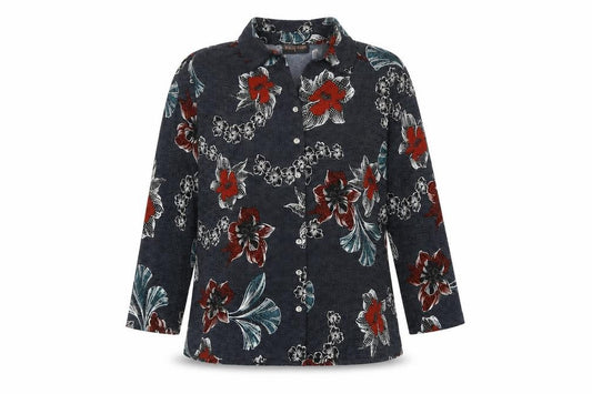 Front view of Anna Rose women’s blue floral polyester basic button-up, size L, collared