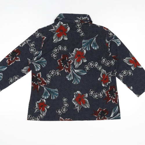 Anna Rose Womens Blue Floral Polyester Basic Button-Up Size L Collared