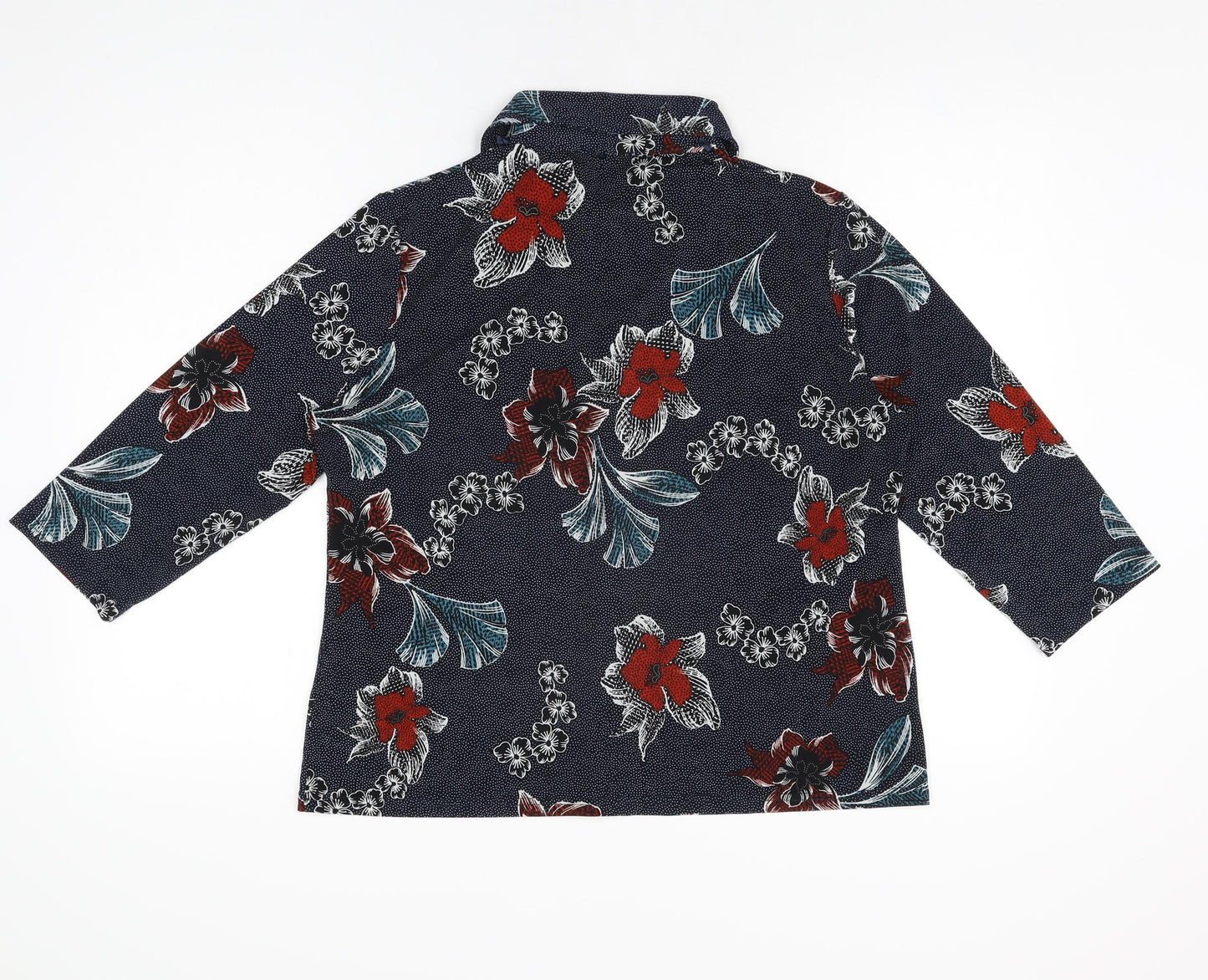Anna Rose Womens Blue Floral Polyester Basic Button-Up Size L Collared