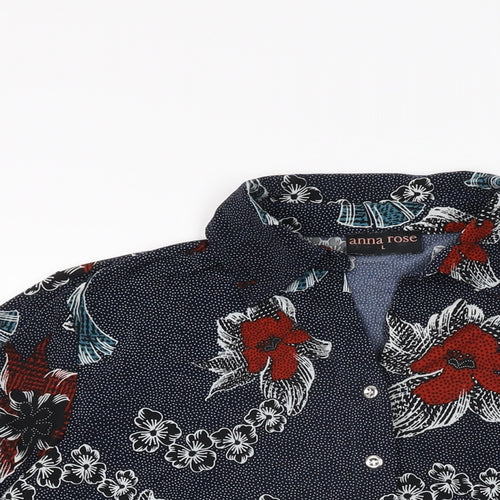 Anna Rose Womens Blue Floral Polyester Basic Button-Up Size L Collared