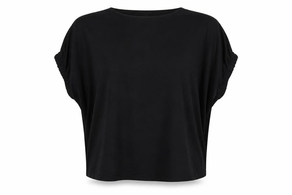 Front view of JD Williams women’s black polyester basic t-shirt, size UK 24, round neck