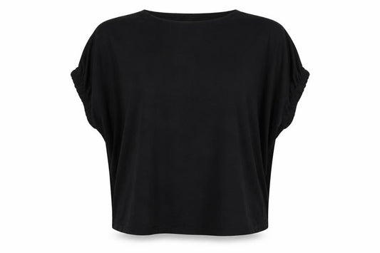 Front view of JD Williams women’s black polyester basic t-shirt, size UK 24, round neck