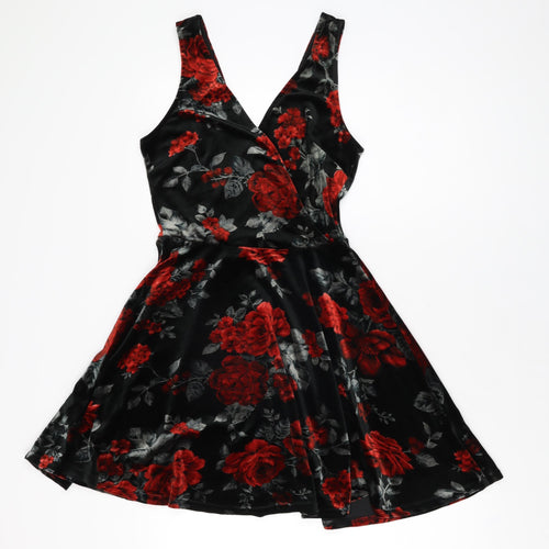 New Look Womens Black Floral Polyester Skater Dress Size 10 V-Neck Pullover