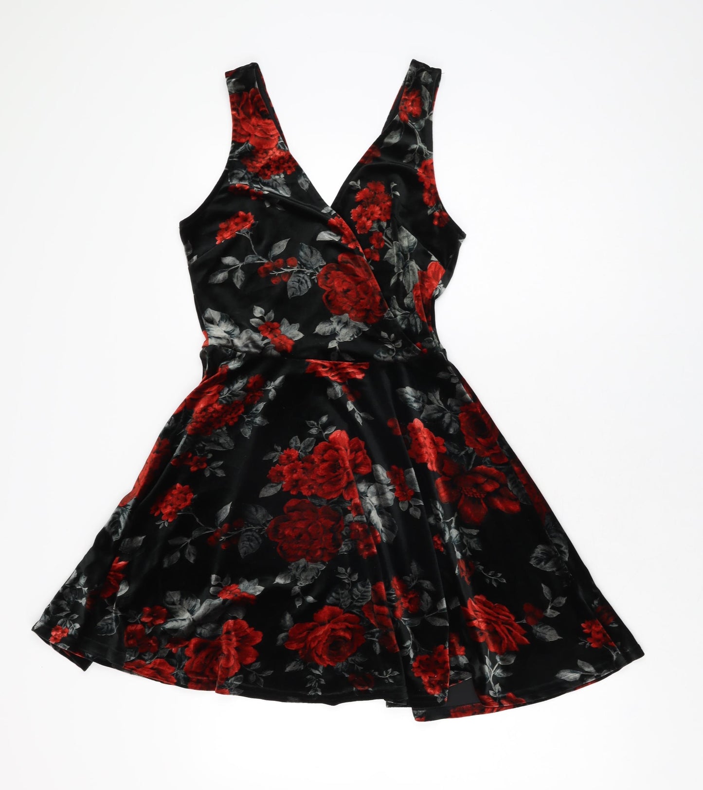 New Look Womens Black Floral Polyester Skater Dress Size 10 V-Neck Pullover