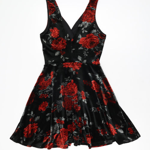 New Look Womens Black Floral Polyester Skater Dress Size 10 V-Neck Pullover