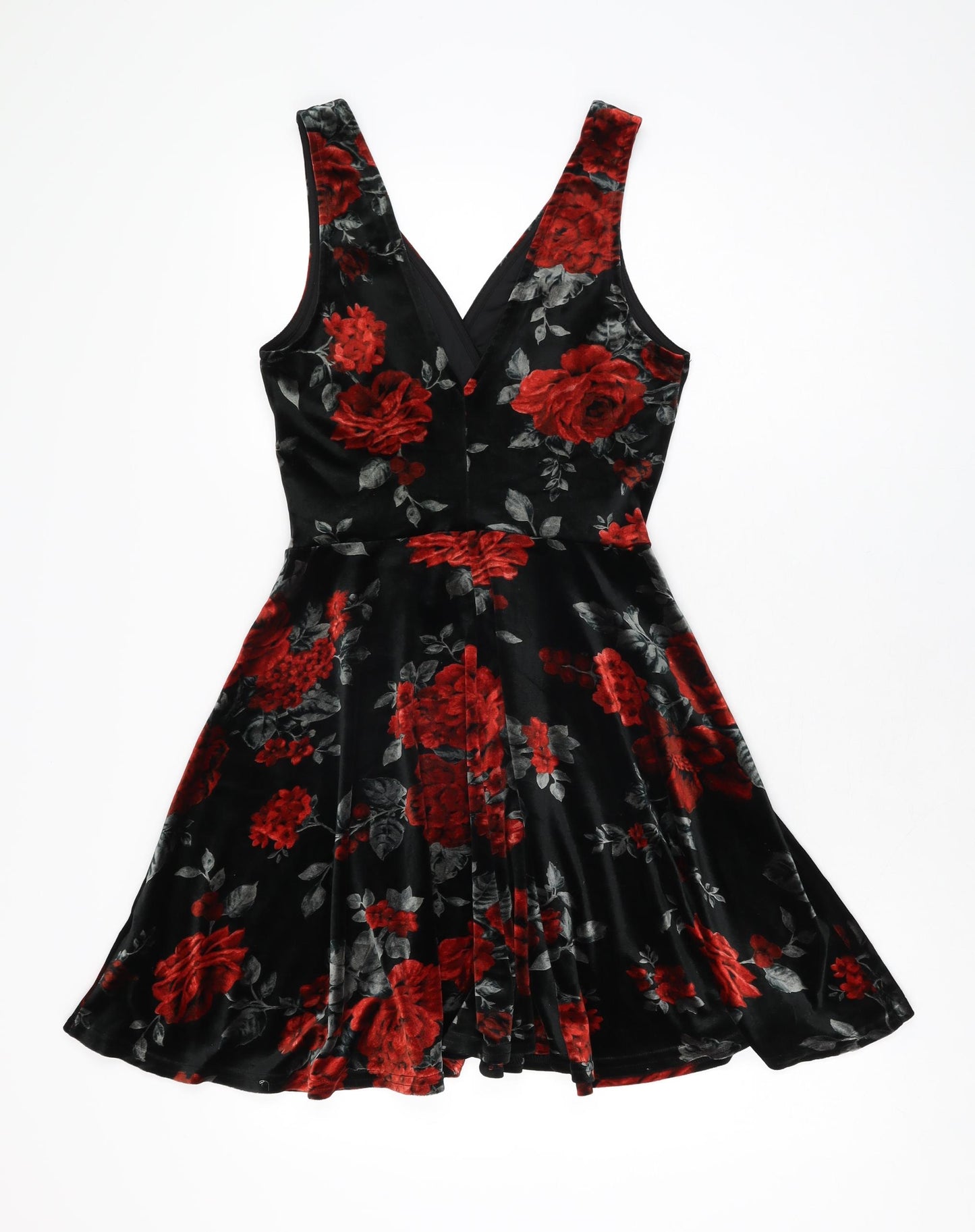 New Look Womens Black Floral Polyester Skater Dress Size 10 V-Neck Pullover