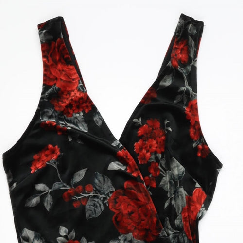 New Look Womens Black Floral Polyester Skater Dress Size 10 V-Neck Pullover