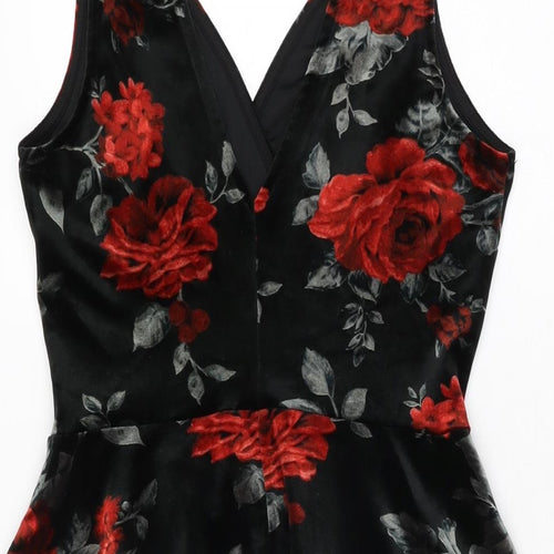 New Look Womens Black Floral Polyester Skater Dress Size 10 V-Neck Pullover