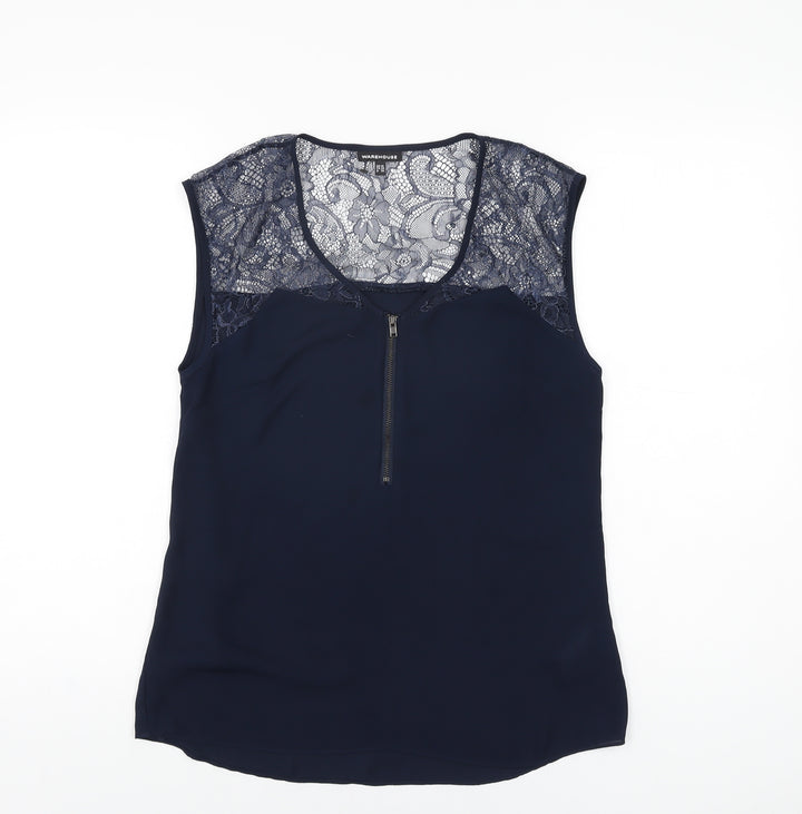 Warehouse Womens Blue Polyester Basic Blouse Size 10 V-Neck