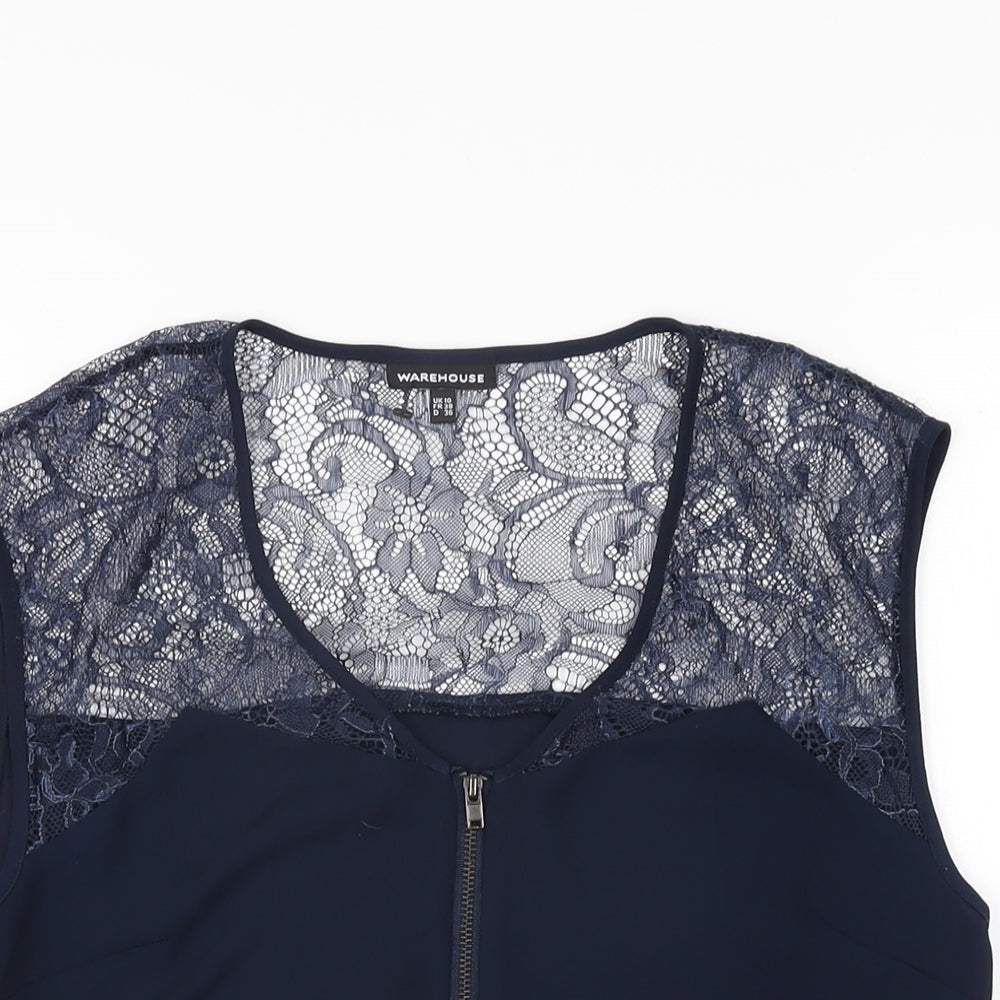 Warehouse Womens Blue Polyester Basic Blouse Size 10 V-Neck