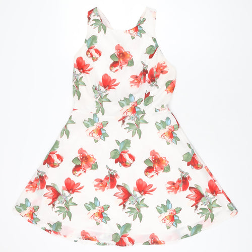 Luc-Ce Womens White Floral Polyester Skater Dress Size M Round Neck Zip