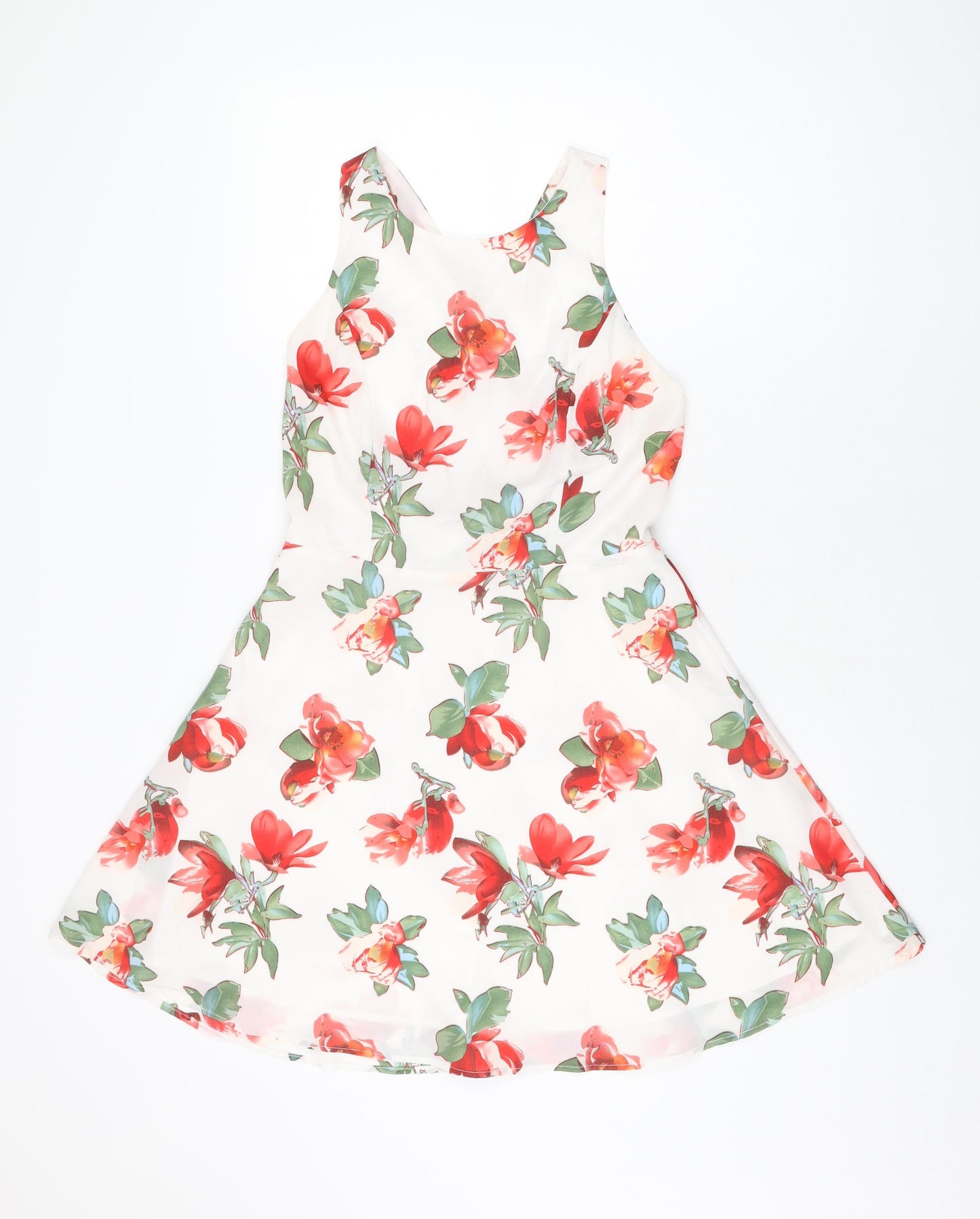 Luc-Ce Womens White Floral Polyester Skater Dress Size M Round Neck Zip