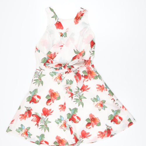 Luc-Ce Womens White Floral Polyester Skater Dress Size M Round Neck Zip