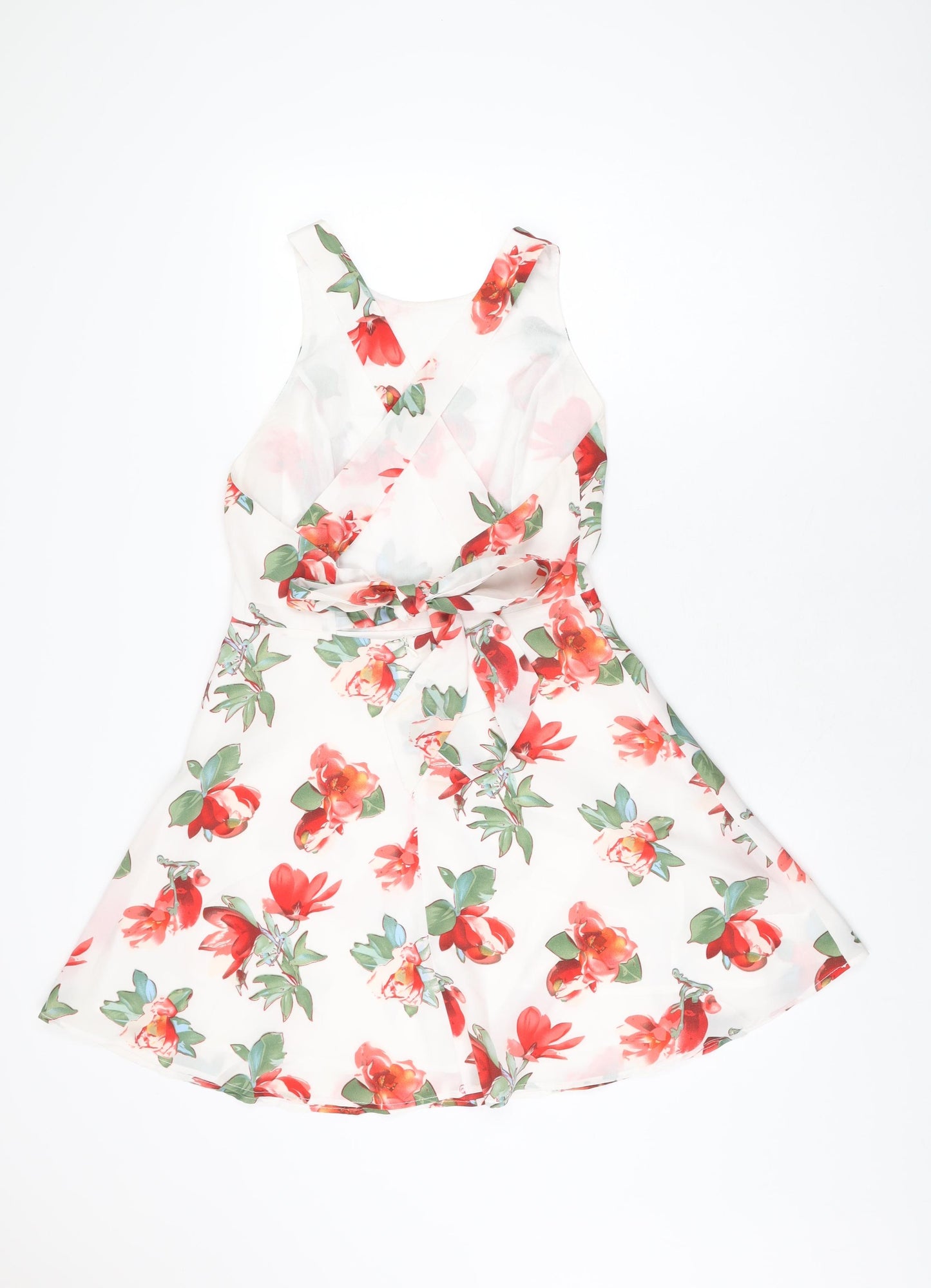 Luc-Ce Womens White Floral Polyester Skater Dress Size M Round Neck Zip