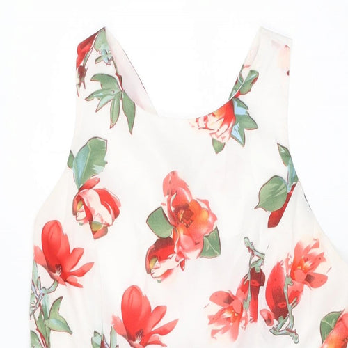 Luc-Ce Womens White Floral Polyester Skater Dress Size M Round Neck Zip