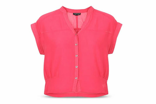 Front view of Topshop women’s pink polyester basic button-up, size UK 10, v-neck
