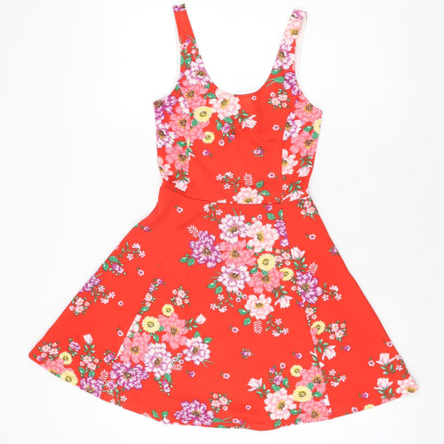 H&M Womens Red Floral Polyester Skater Dress Size 6 Scoop Neck Pullover
