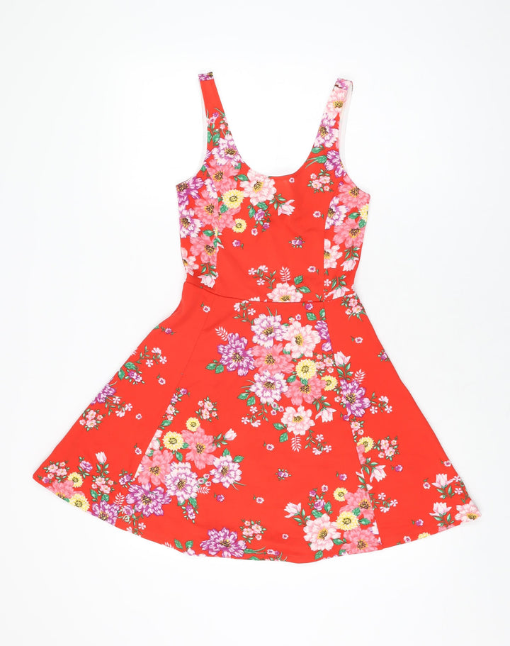 H&M Womens Red Floral Polyester Skater Dress Size 6 Scoop Neck Pullover