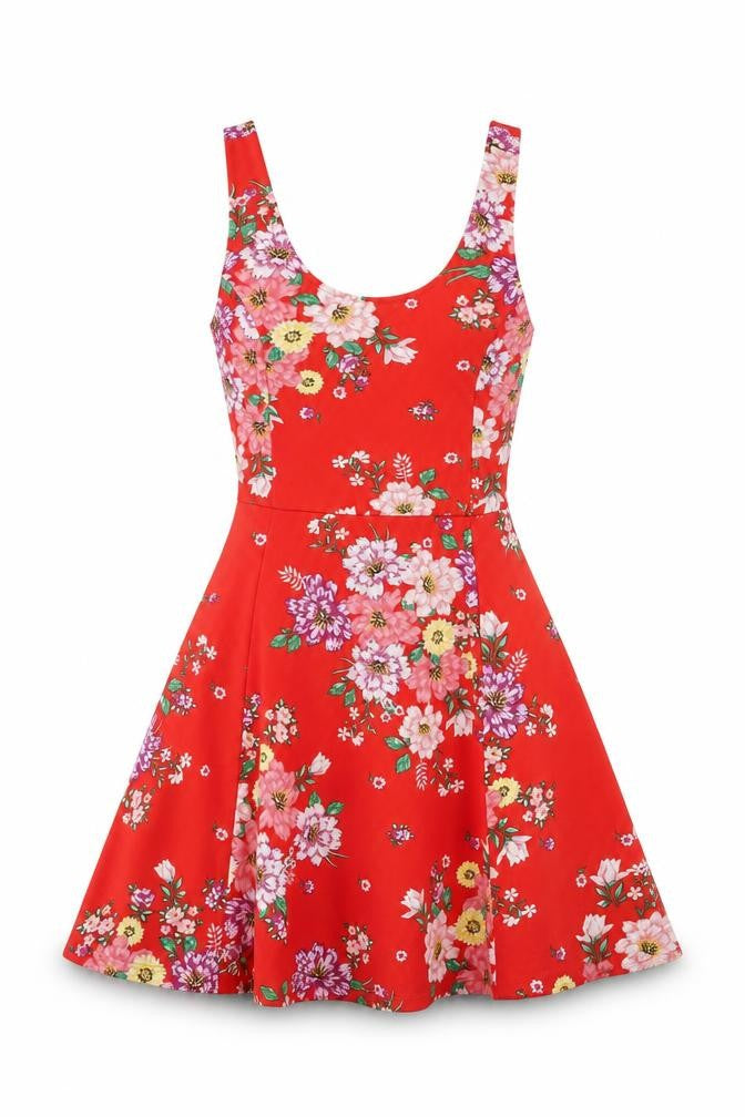Front view of H&M women’s red floral polyester skater dress, size UK 6, scoop neck pullover