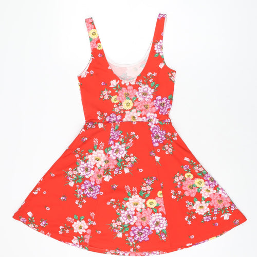 H&M Womens Red Floral Polyester Skater Dress Size 6 Scoop Neck Pullover