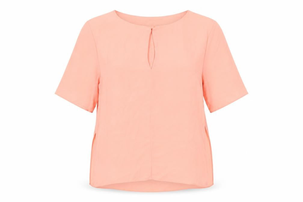 Front view of Mango women’s pink polyester basic blouse, size S, round neck