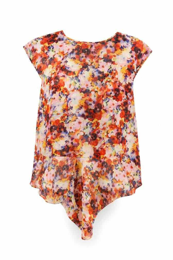 Front view of Topshop women’s multicoloured floral polyester basic blouse, size UK 12, round neck