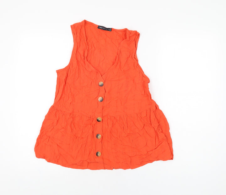 Marks and Spencer Womens Red Viscose Basic Button-Up Size 12 V-Neck