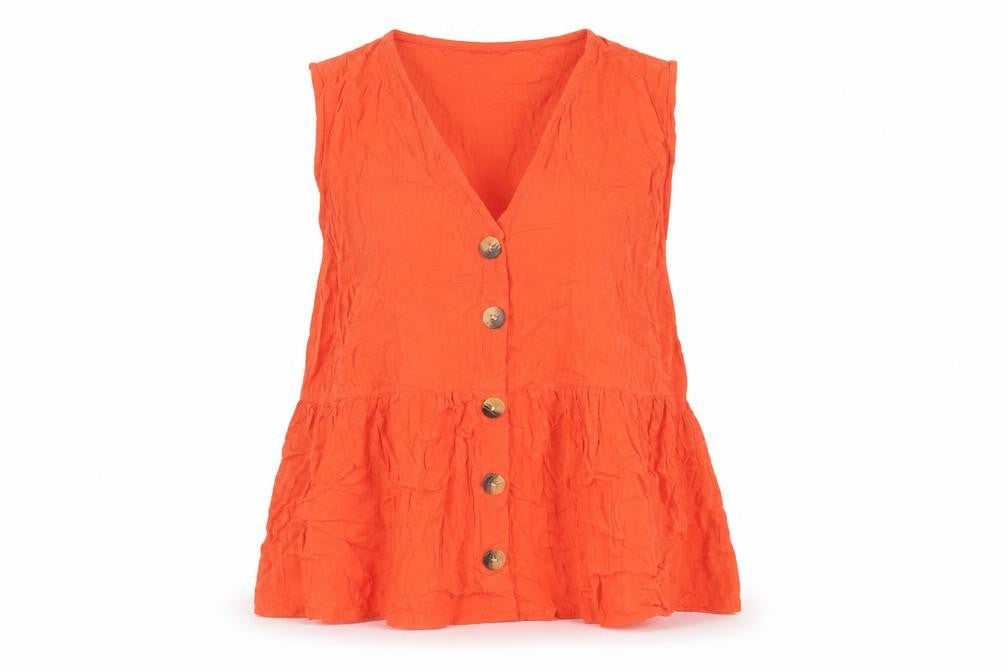 Front view of Marks & Spencer women’s red viscose basic button-up, size UK 12, v-neck