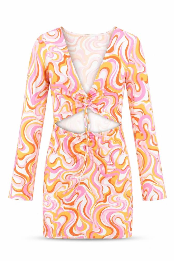 Front view of H&M women’s multicoloured geometric polyester bodycon, size M, v-neck drawstring
